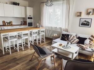 莫斯特Apartmány Zahražany的厨房以及带沙发和桌子的客厅。