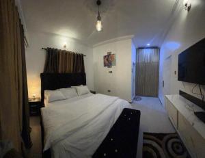 哈科特港Owtee’s Apartments的卧室配有白色的床和电视。