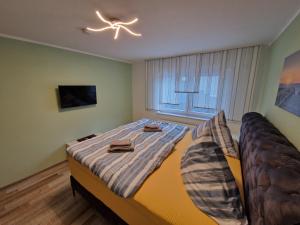 海罗德堡Willi´s Ferienwohnung的一间卧室配有一张床和吊扇