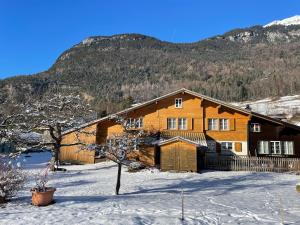因内特基尔兴Gemütliche Wohnung mit traditionellem Trittofen的雪中的房子,背景是山