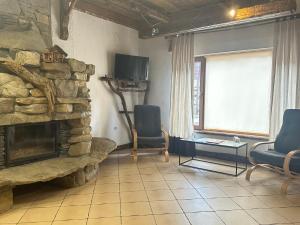 布克维SPA HOTEL Gora的客厅设有石制壁炉和蓝色椅子