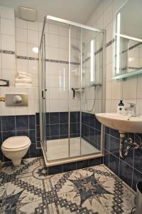 新格洛布索Luisenhof的带淋浴、卫生间和盥洗盆的浴室