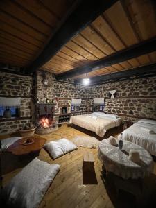 BulqizëKulla Hupi Agriturism的大房间设有两张床和壁炉