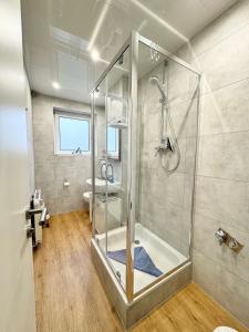 诺登哈姆Traumhafte Ferienwohnung zentral的带淋浴的浴室和玻璃门