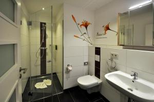 施塔特韦伦Dampfschiffhotel的浴室配有卫生间、盥洗盆和淋浴。