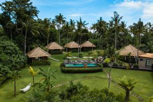 卡朗阿森Lempuyang Boutique Hotel的享有带游泳池的度假村的空中景致