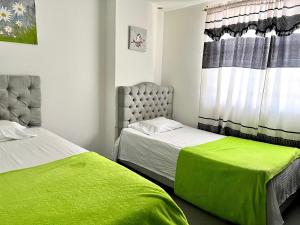 巴耶杜帕尔Apartamento Comodo, Cerca al Rio Guatapuri的一间卧室设有两张床,窗户配有绿色床单。