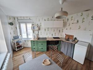 科尔尼蒙Joli appartement rénové (Hirondelle)的厨房配有绿色橱柜和桌椅