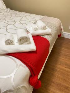 温哥华Hudson House的一张带白色毛巾和红色毯子的床