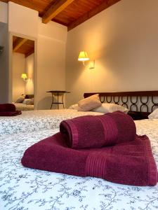 贝尔蒙特Casa Rural Torre del Homenaje的床上铺着紫色毛巾