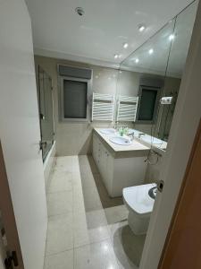 马德里Hotelly Recuero的一间带卫生间、水槽和镜子的浴室