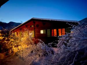 格施塔德Gstaad Chalet的小屋在夜间被雪覆盖,灯光照亮