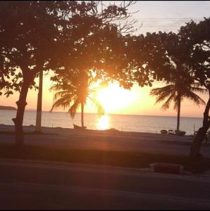 大伊瓜巴Iguabinha Duplex Pé na Areia的棕榈树和大海的海滩上的日落