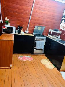 KianyagaAquawood Cabins的铺有木地板,设有带炉灶的厨房。