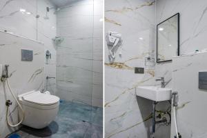 MadhapurFabHotel Prime Cloud 5 Studios的浴室的两张照片,配有卫生间和水槽