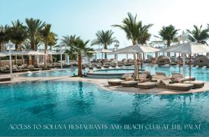 迪拜Citadines Metro Central Hotel Apartments的一个带椅子和遮阳伞的游泳池以及棕榈树