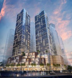 迪拜Jumeirah Marina Gate Residences的城市天际线的 ⁇ 染,高楼