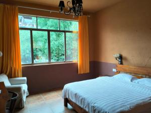 阳朔阳朔田园牧歌精品旅舍的一间卧室设有一张床和一个大窗户