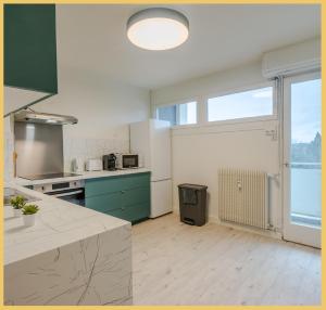 盖拉德Appartement T2 Moderne Gaillard的一个带绿色橱柜和大窗户的厨房