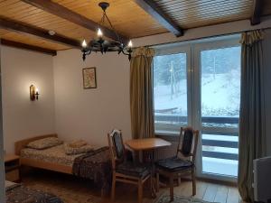 斯基希德尼萨Guest House U Sester的一间卧室配有一张床、一张桌子和一个窗户。