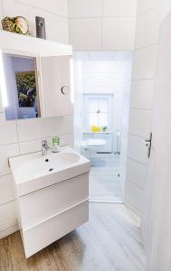 Frose"Altes Stellwerk Frose" am Froser See的白色的浴室设有水槽和镜子