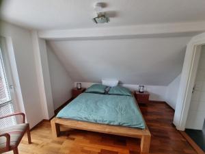 塞尔布Ferienhaus Rosengarten的一间卧室配有一张带绿色棉被的床