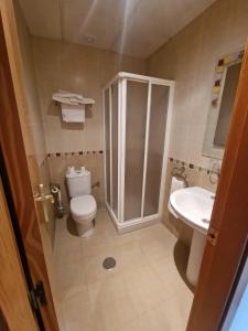 Talavera la Real塔拉韦拉旅馆的带淋浴、卫生间和盥洗盆的浴室