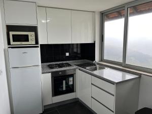 梅桑弗里乌Casa da Oliveira的厨房配有白色橱柜、水槽和微波炉