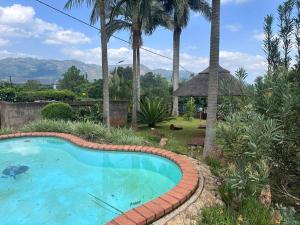 LobambaThe White Rose Home的棕榈树庭院内的游泳池