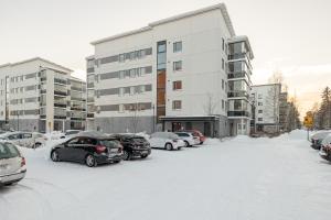 拉赫蒂Kokonainen huoneisto 73m2 keskeisellä sijainnilla, ilmainen parkkipaikka的雪地里停有汽车的停车场