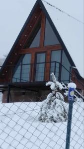 OniSeva Villa in Racha的前面的地面上积雪的房子