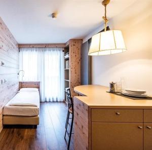塞尔瓦迪加尔代纳山谷安塔尔住宅酒店的一间带一张床的房间和一间带桌子的厨房
