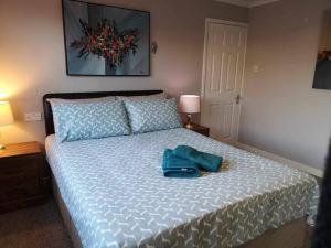 NeedingworthLotus House的一间卧室配有一张带蓝色枕头的大床