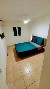 萨莱比梅Les Héliconias Résidence cosy et calme的一间卧室配有一张带蓝色枕头的床。