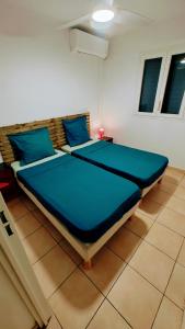 萨莱比梅Les Héliconias Résidence cosy et calme的一张大床,位于带蓝色枕头的房间