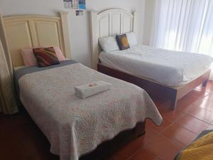 底拉斯卡拉Hostal Mago的一间卧室配有两张床和一张床套