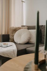 奥什恰德尼察Áčko的客厅配有带枕头和桌子的沙发