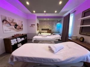 弗拉斯卡蒂Domus Park Hotel & SPA的紫色照明客房的两张床