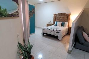 圣何塞德尔卡沃Estudio Balandra cerca del aeropuerto SJD的一间卧室配有一张床和一张沙发