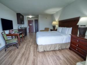 圣徒皮特海滩Treasure Bay Resort & Marina的酒店客房配有一张床、一张书桌和一间厨房。