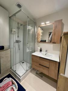 Oye-et-PalletStudio cosy的带淋浴、盥洗盆和镜子的浴室