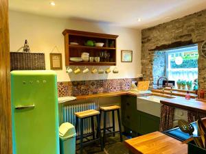 Llanrhaeadr-ym-MochnantCastle Buildings Cottage2的厨房配有绿色冰箱和水槽
