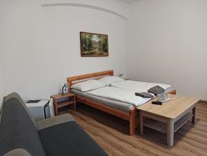 顺佩尔克皮特卡宾馆的一间卧室配有一张床、一张桌子和一张沙发