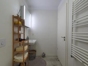 布拉索夫ONE Apartment的浴室设有水槽和带毛巾的架子。