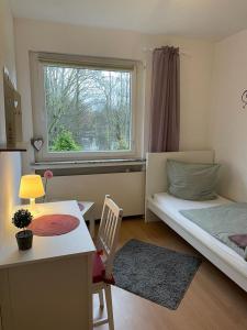 汉诺威Apartment First Floor Laatzen的一间卧室配有一张床、一张书桌和一个窗户。
