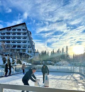 锡纳亚Hotel Pestera的一群雪中的人,带包裹