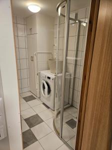 YtterlandLeilighet nær flyplass og Ålesund sentrum的洗衣房配有洗衣机和烘干机
