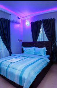 伊巴丹D'EXQUISITE APARTMENTS的一间卧室配有一张紫色照明床