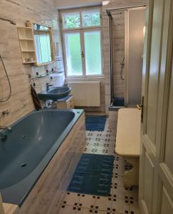 Unter AdlitzgrabenVilla Waldheimat的浴室设有蓝色的浴缸和两个盥洗盆。