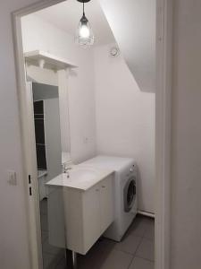 阿蒂斯蒙斯F4 - Duplex spacieux proche d'Orly的白色的浴室设有洗衣机和水槽。